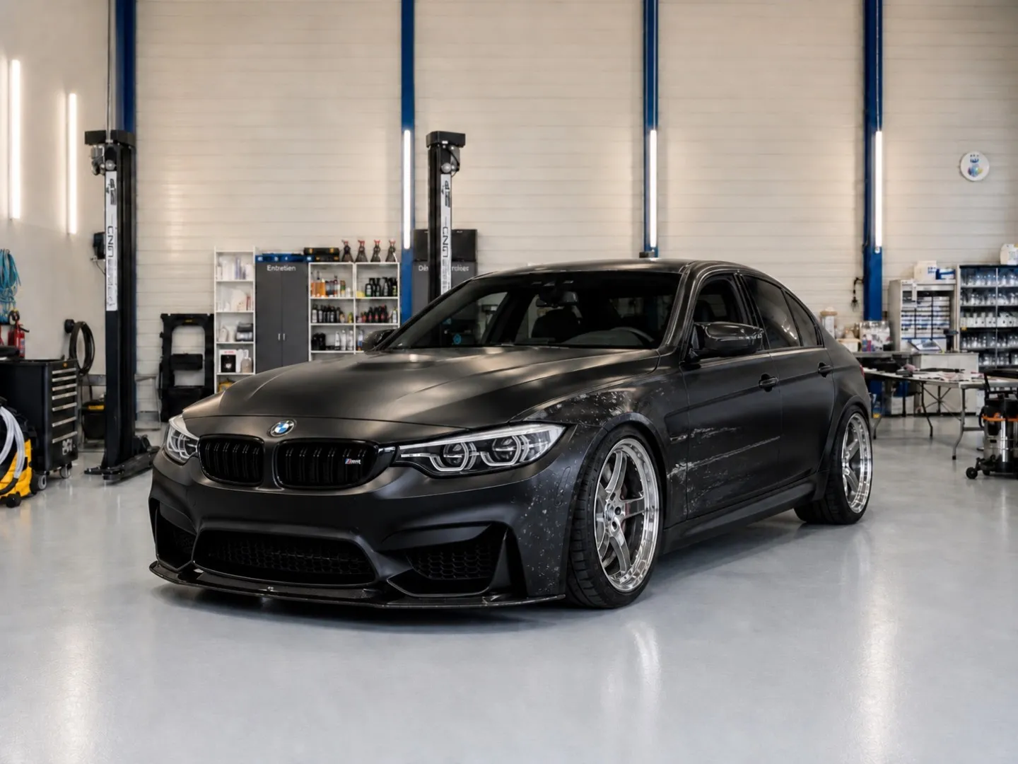 Schwarzer BMW M3 mit Kratzern an der Seite, vor der Reparatur