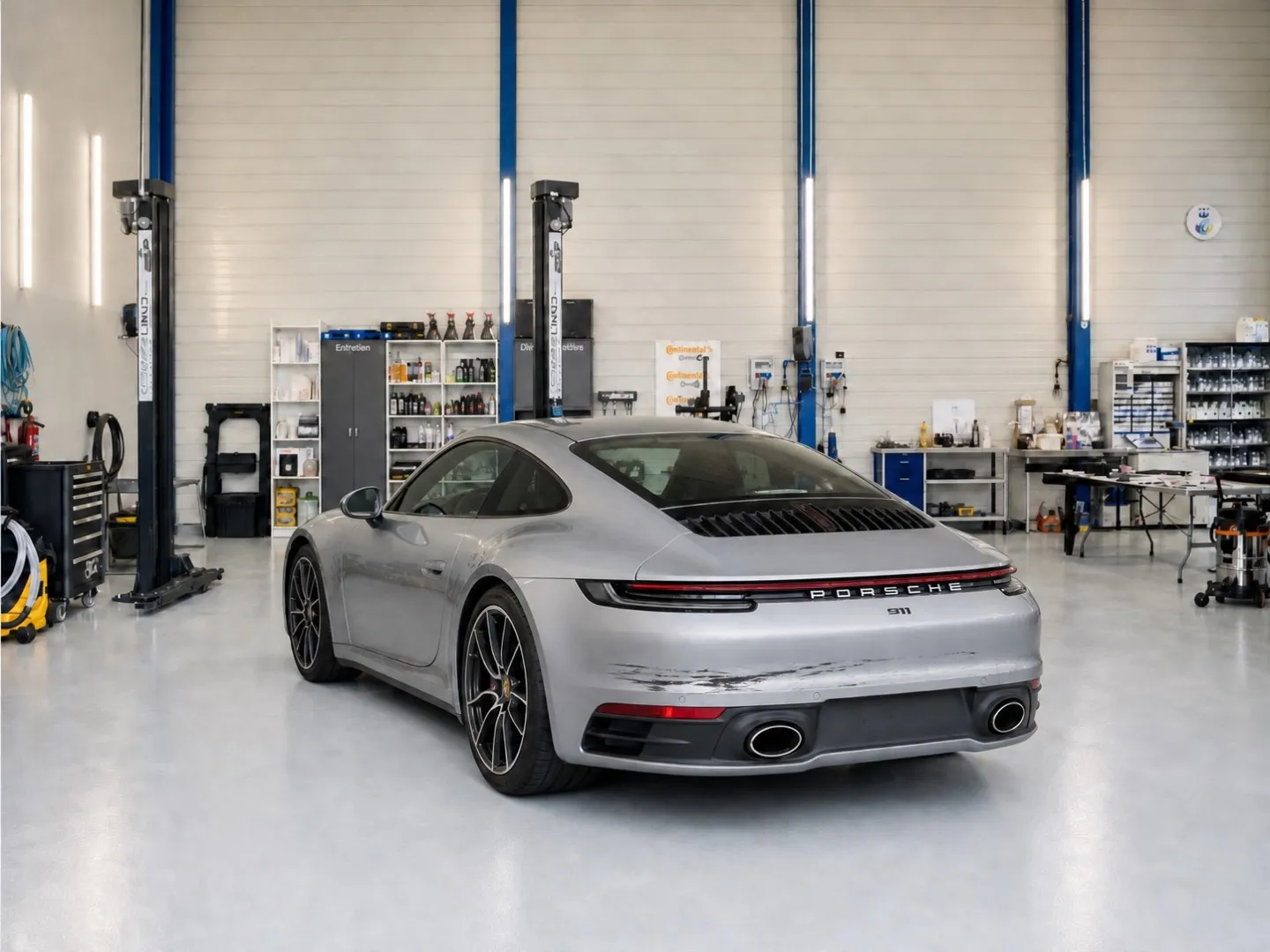 Silberner Porsche 911 mit Kratzern an der Heckstossstange