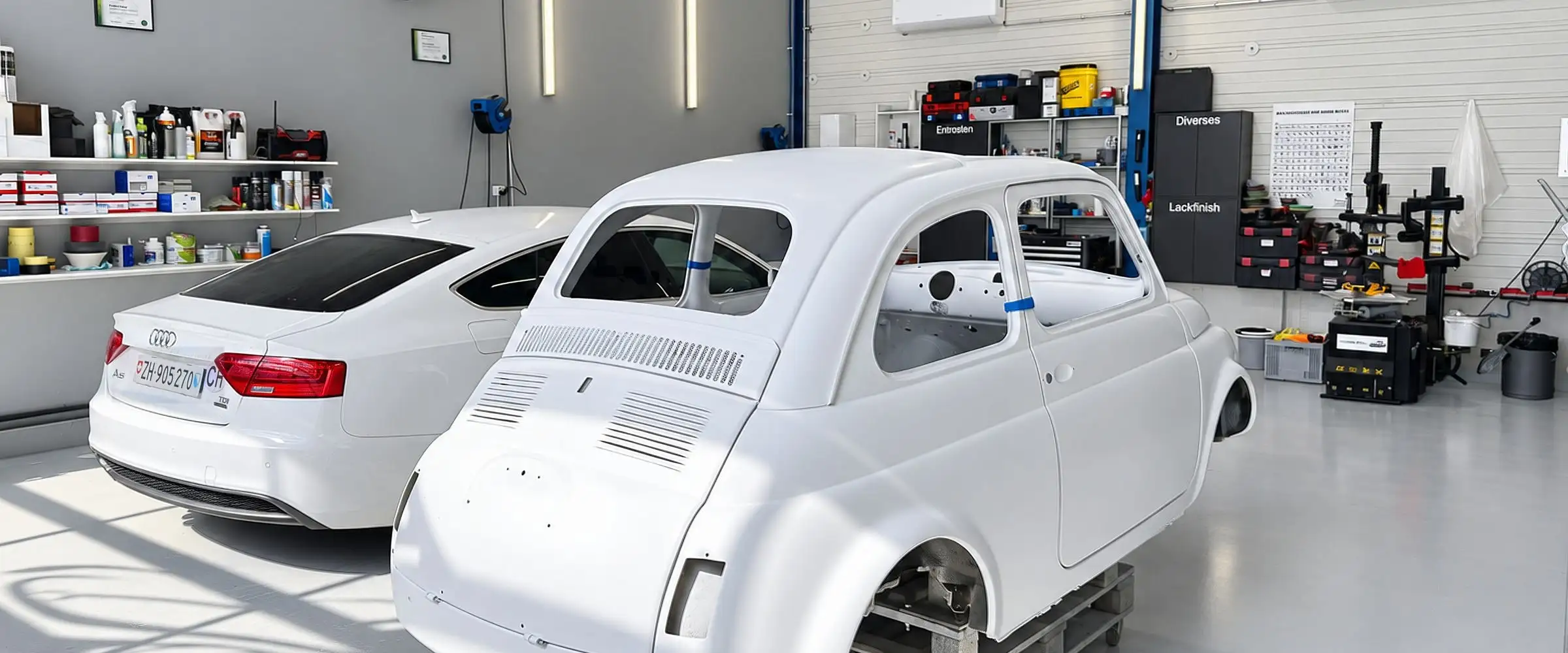 Rohcarrosserie eines Fiat 500 in Grundierung in der Werkstatthalle, daneben ein weisser Audi